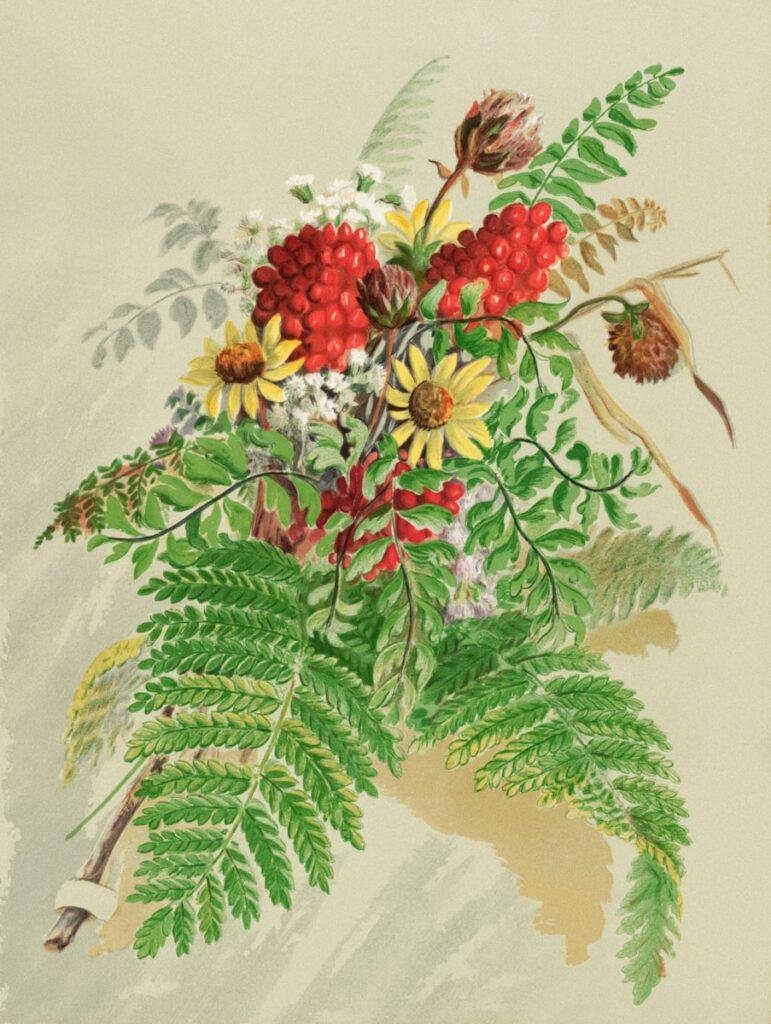 a painting of a bouquet of flowers and leaves