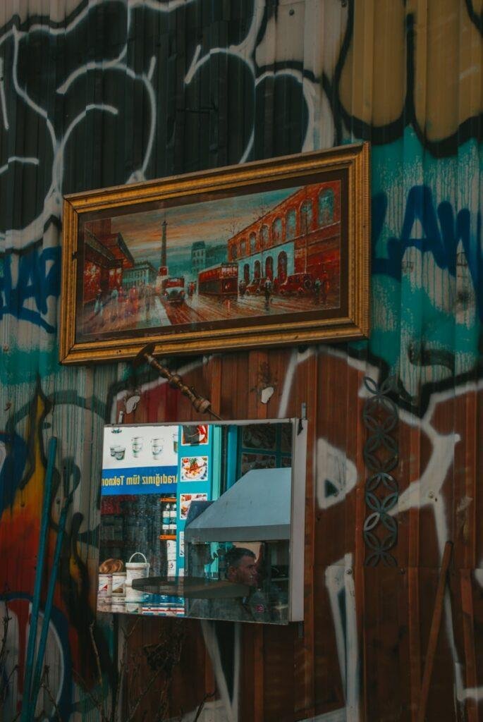 a painting of a train on a wall